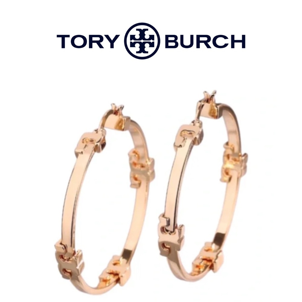 TORY BURCH • Rose Gold Serif T Logo Hoop Earrings